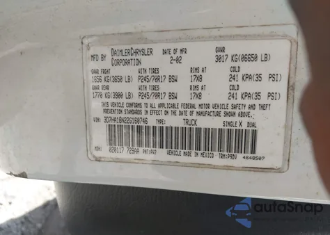 2002 Dodge Ram 1500 St из США, поврежденный, VIN 3D7HA18N22G160746